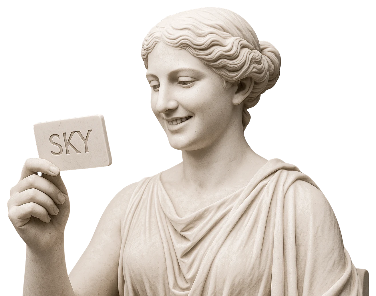 Estatua de mármol que sonríe y muestra una tarjeta de SKY