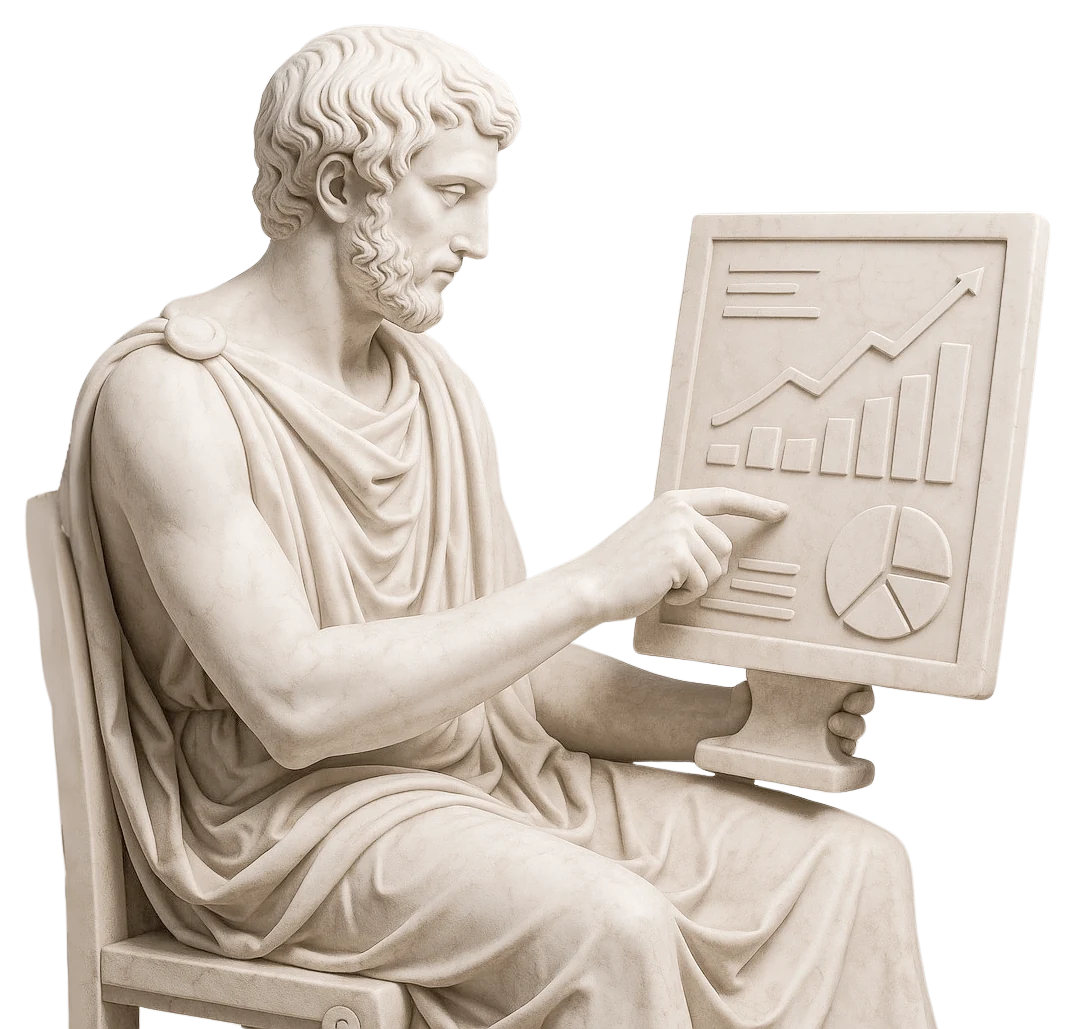 Estatua de mármol sentada frente a un monitor con gráficos