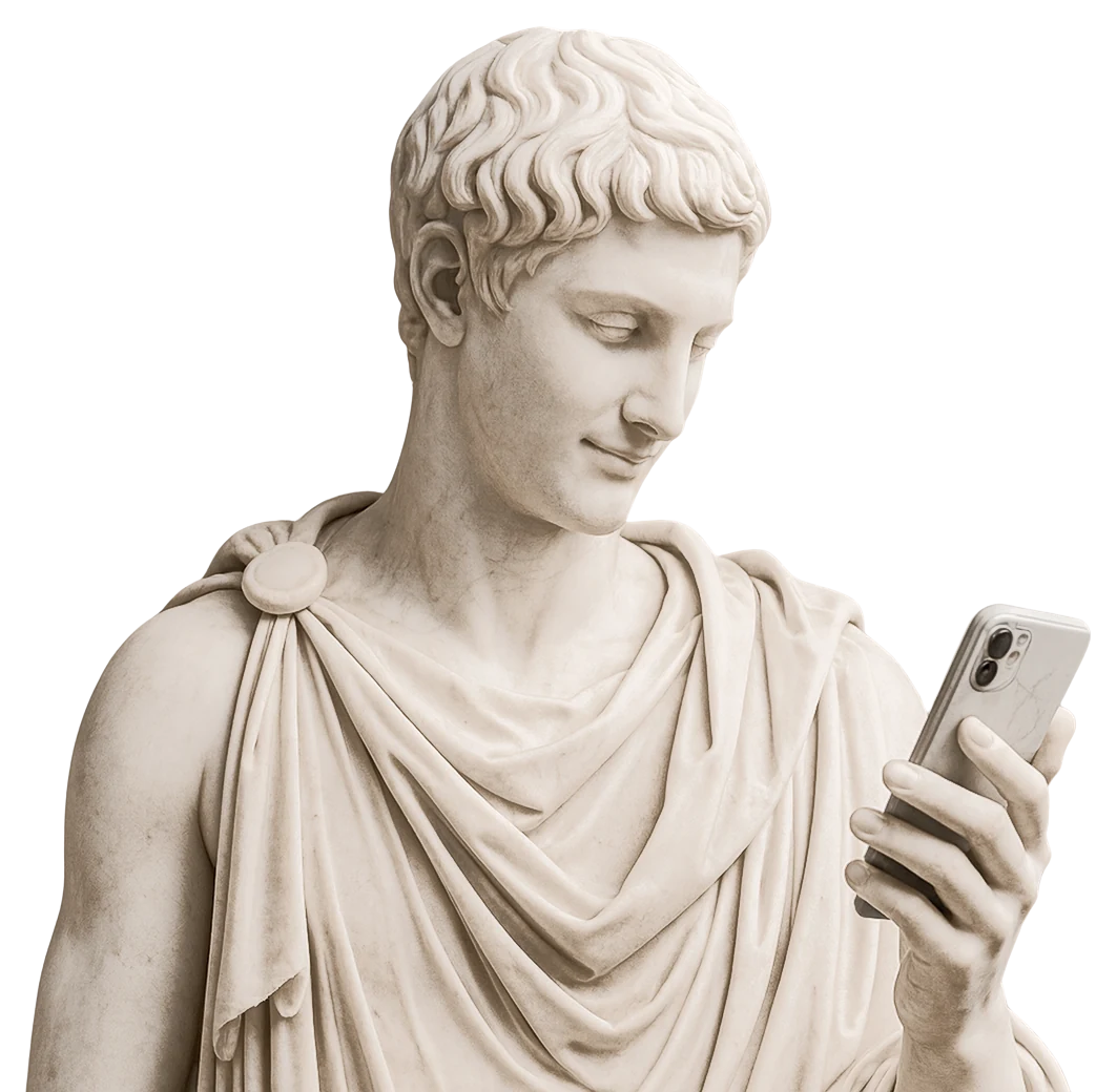 Estatua clásica de mármol que mira un celular