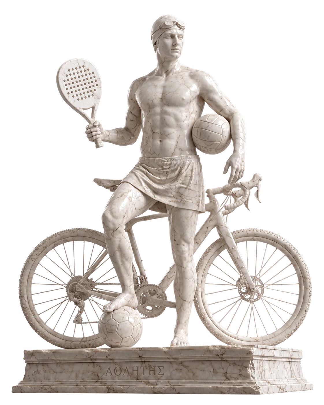 Atleta de mármol con pelota de fútbol, paleta de pádel, pelota de vóley, gafas de natación y una bici de gravel